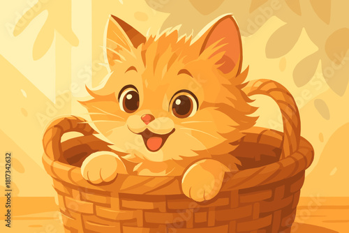 Kitten in Wicker Basket. Playful fluffy kitten peeking out of a wicker basket, illuminated by soft natural light, warm and