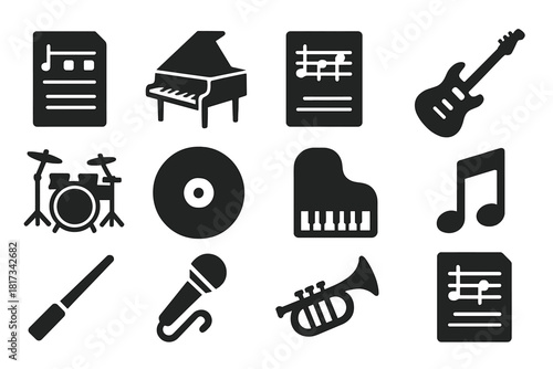 Music Heritage Icons. Solid style icons of Music Heritage: chant sheet, harpsichord, Baroque score, electric guitar, drum kit,
