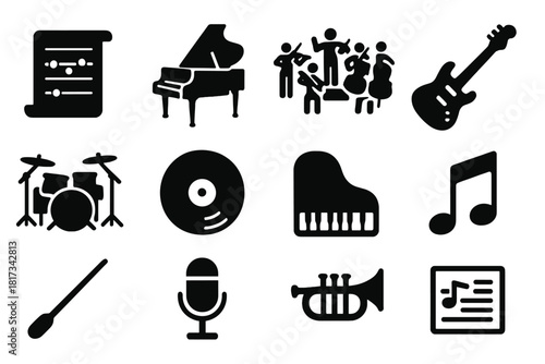 Musical Eras Icons. Solid style icons of Musical Eras: chant manuscript, harpsichord, Baroque orchestra, electric guitar, drum kit