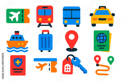 Travel Logistics Icons. Flat vector icons of travel logistics: airplane ticket, train, bus, taxi, ferry, luggage, map pin, travel
