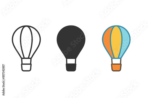 Minimalist Balloon Icon. Minimalist hot air balloon icon: three identical balloons with baskets below in a row, first in line