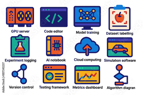 AI Research Tools Icons. Flat vector icons of AI research tools: GPU server, code editor, model training, dataset labelling,