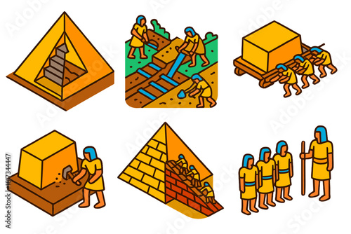 Pyramid Engineering Icons. Isometric vector illustration set Geotechnical engineering of pyramids: pyramid cross-section, soil