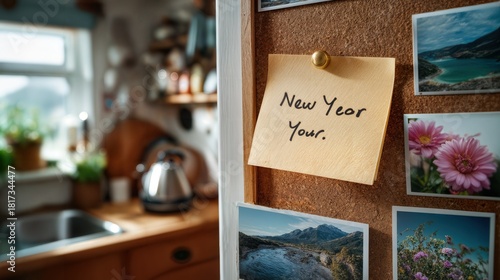A kitchen fridge adorned with a sticky note bearing the handwritten message New Year, Your. alongside photographs and a kettle.
