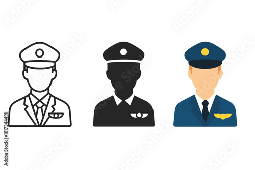 Minimalist Pilot Icons. Minimalist pilot profession icon: three identical pilots with caps and wings badge in a row, first in line