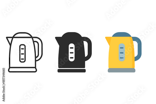 Styled Kettle Trio. Minimalist kettle kitchen icon: three identical electric kettles with handles in a row, first in line style