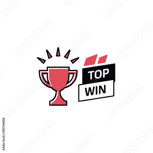 Illustration of a red trophy with radiating lines and a top win label on a white background