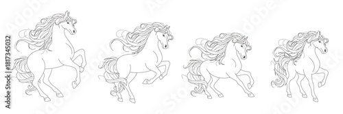 Horse in galloping pose outline set. Isolated editable stroke vector elements