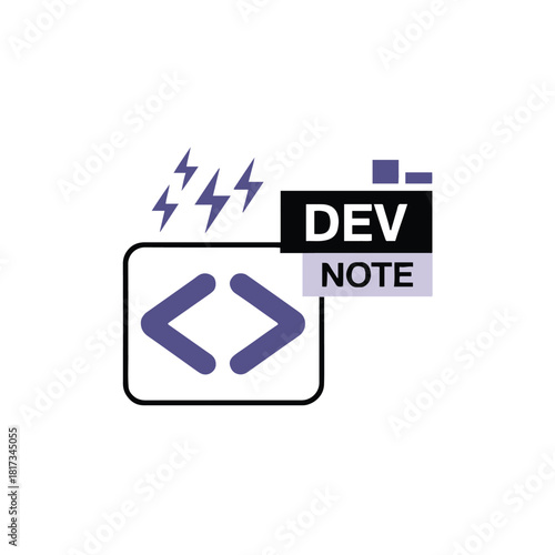 Illustration of dev note with code brackets lightning bolts and pixelated squares on white background