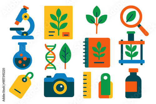 Botanical Research Icons. Flat vector icons of botanical research: microscope, herbarium sheet, plant specimen, magnifying glass,