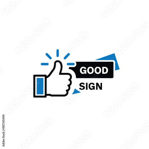 A thumbs up icon with radiating lines and a good sign banner in black and blue on a white background