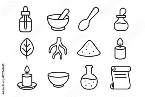 Healing Tools Icons. Line style icons of Healing Tools: Tincture Bottle, Mortar, Pestle, Spoon; Leaf, Root, Powder, Oil; Candle,