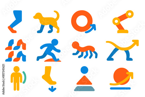 Locomotion Icons Set. Flat vector icons of locomotion strategies: leg lift, tail balance, wheel rotation, articulated joint, gait