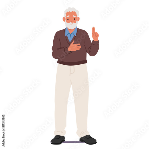 Senior man cartoon character promising with oath hand gesture confirming oath with silent pledge