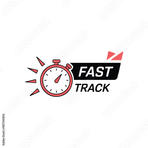 A graphic of a stopwatch with speed lines and the words fast track in black on a white background