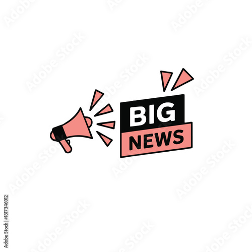 A graphic of a megaphone with triangles and a big news sign on a white background, simple illustration