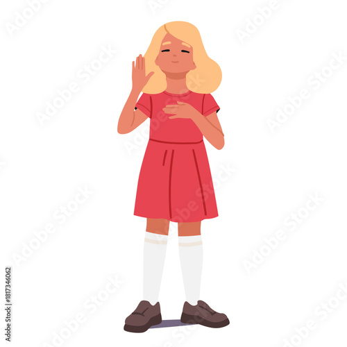 Schoolgirl cartoon character giving oath to tell truth and be honest isolated full-length portrait
