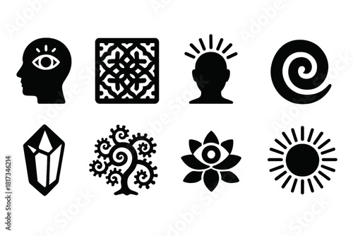 Psychedelic Iconic Patterns. Solid style icons of Psychedelic Art: Visionary, Pattern, Color, Consciousness, Spiral, Crystal,