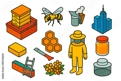 Urban Beekeeping Icons. Isometric vector illustration set Urban Beekeeping: hive box rooftop, bee insect, smoker spray, skyline