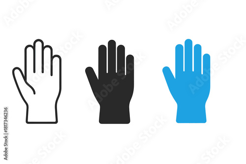 Minimalist Gloves Icon. Minimalist medical gloves icon: three identical gloves in open palm view in a row, first in line style