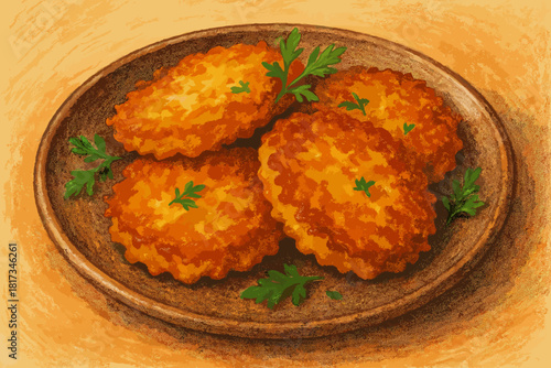 Golden Potato Pancakes. Freshly baked potato pancakes served on a rustic plate, golden crispy texture, garnished with herbs,