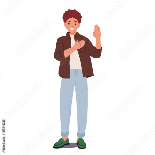 Teenage boy cartoon character giving promise with oath gesture isolated full-length portrait