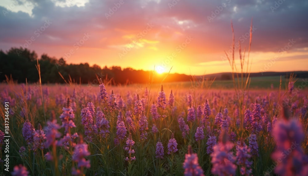 Obraz premium Purple wildflowers bloom in a vast meadow during a vibrant orange and pink sunset. Tall grass and distant trees frame the tranquil rural landscape. Sun shines brightly over the blooming field.