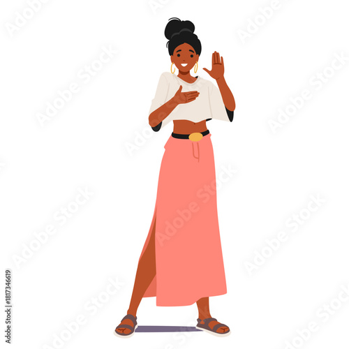 Trendy fashion young woman isolated cartoon character promising spoken pledge with oath gesture