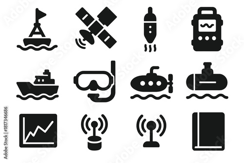 Ocean Monitoring Icons. Solid style icons of Ocean Monitoring: Buoy, Satellite, Probe, Data Logger, Research Ship, Diving Mask,