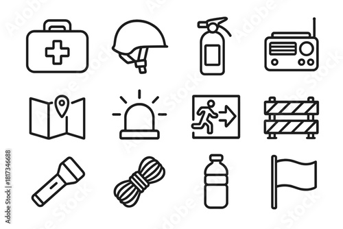 Disaster Preparedness Icons. Line style icons of Disaster Preparedness: First Aid Kit, Helmet, Fire Extinguisher, Radio; Map,