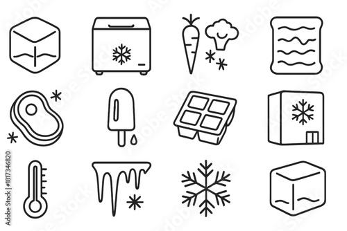 Freezing Methods Icons. Line style icons of Freezing Methods: Ice Cube, Freezer, Frozen Vegetables, Ice Pack; Frozen Meat,