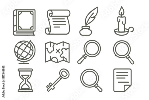 Arcane Library Icons. Line style icons of Arcane Libraries: Ancient Book, Scroll, Quill, Inkpot; Candle, Globe, Map, Magnifying