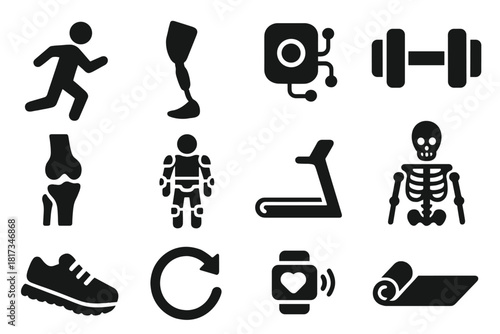 Biomechanical Engineering Icons. Solid style icons of Biomechanical Engineering: running figure, prosthetic leg, motion tracker,