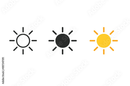 Minimalist Sun Icons. Minimalist sun summer icon: three identical bright suns with rays around in a row, first in line style with