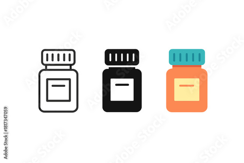 Minimalist Pill Bottle Icons. Minimalist pill bottle icon: three identical medicine bottles with caps and small labels in a row,