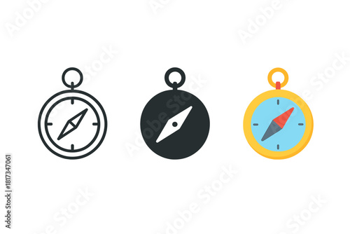 Minimalist Compass Trio. Minimalist compass travel icon: three identical circular compasses with arrow needles in a row, first in