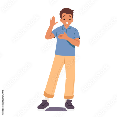 Handsome schoolboy character giving oath to tell truth full-length portrait isolated on white