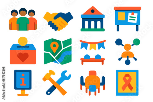 Community Engagement Icons. Flat vector icons of community engagement: volunteer group, handshake, town hall, community board,