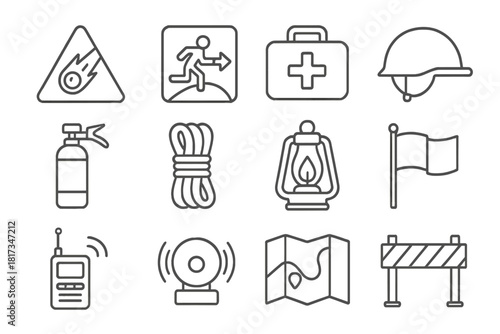 Meteor Safety Icons. Line style icons of Meteor Safety & Response: Warning Sign, Evacuation Route, First Aid Kit, Helmet; Fire