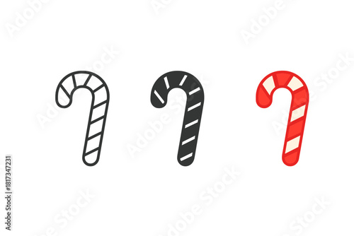 Minimalist Candy Cane Trio. Minimalist candy cane icon: three identical curved candy canes with stripes in a row, first in line