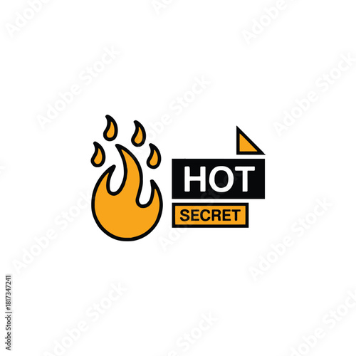 Illustration of a flame next to a hot secret text box with a triangle on a white background