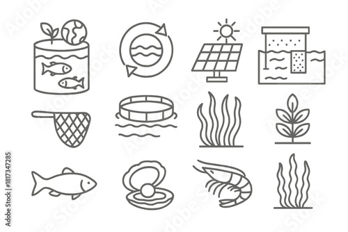 Sustainable Aquaculture Icons. Line style icons of Sustainable Aquaculture: Eco-Friendly Tank, Water Recycling, Solar Panel,