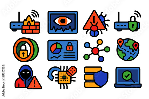 Network Security Icons. Flat vector icons of network security: router firewall, intrusion detection, malware alert, secure Wi-Fi,