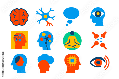 Philosophical Iconography Collection. Flat vector icons of philosophy of mind: brain, neuron network, thought bubble,