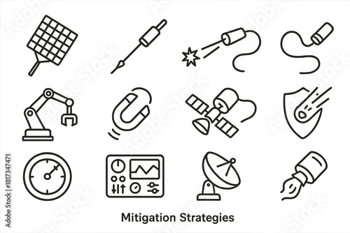 Mitigation Strategy Icons. Line style icons of Mitigation Strategies: Net Capture, Harpoon, Laser Beam, Tether; Robotic Arm,