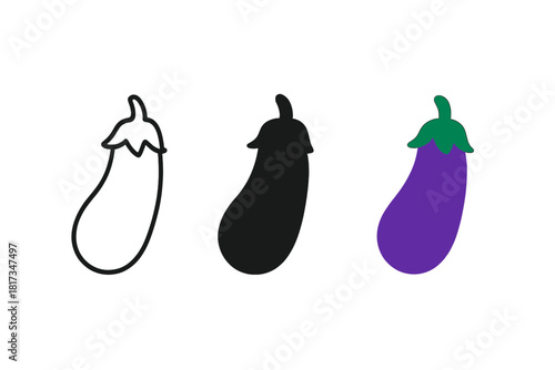 Eggplant Icon Trio. Minimalist eggplant vegetable icon: three identical eggplants with curved tops in a row, first in line style