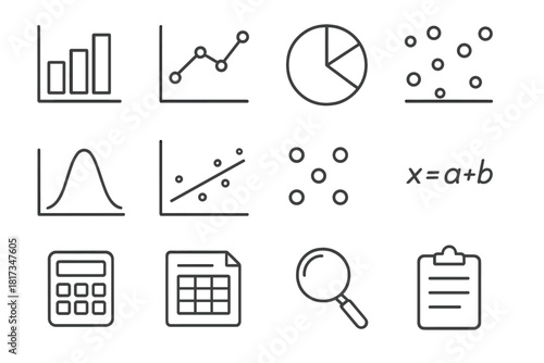 Statistical Icons Collection. Line style icons of Statistical Models: Bar Chart, Line Graph, Pie Chart, Scatter Plot; Probability