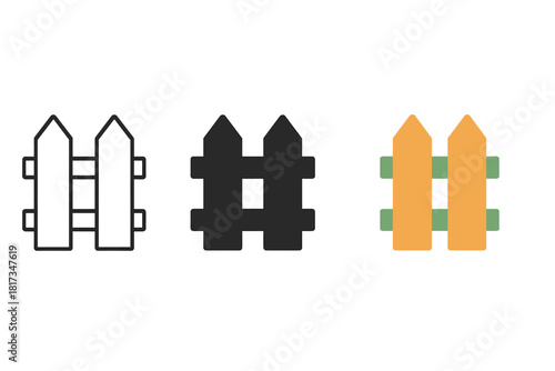 Minimalist Fence Icons. Minimalist fence garden icon: three identical wooden fences with vertical planks in a row, first in line