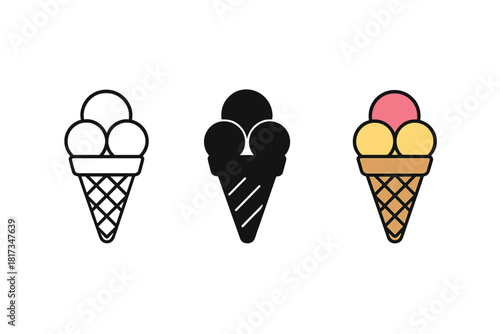 Minimalist Ice Cream Icons. Minimalist ice cream dessert icon: three identical ice cream cones with two scoops each in a row,