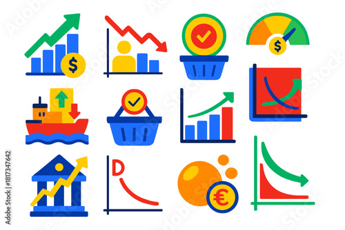 Economic Indicators Icons. Flat vector icons of economic indicators: GDP growth, unemployment chart, inflation meter, trade